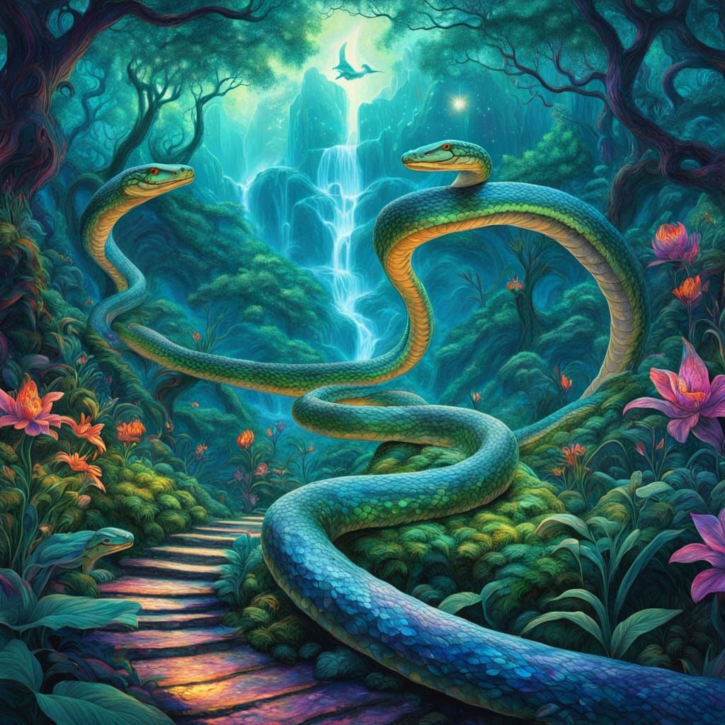 Ethereal Snakes Entwined in Vibrant Forest