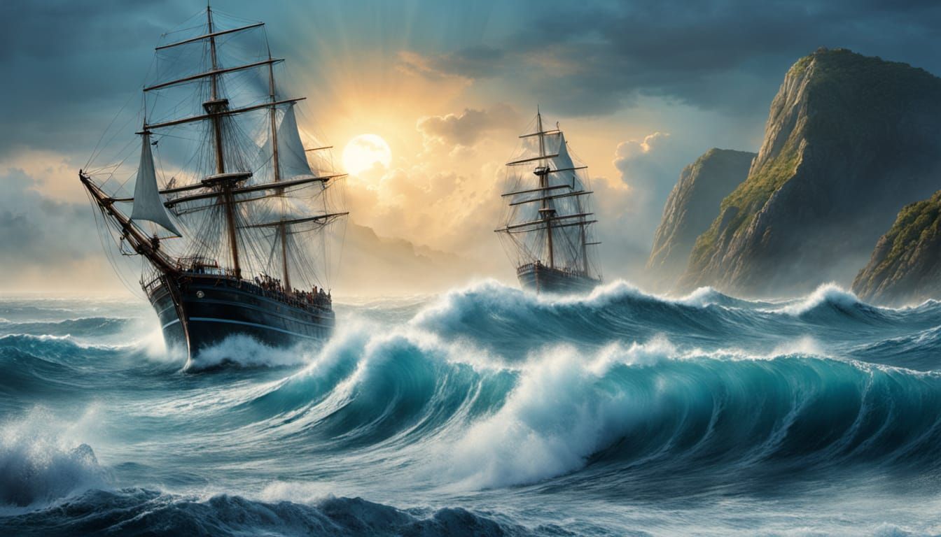 Sailing Ships on Rough Ocean: Digital Matte Painting