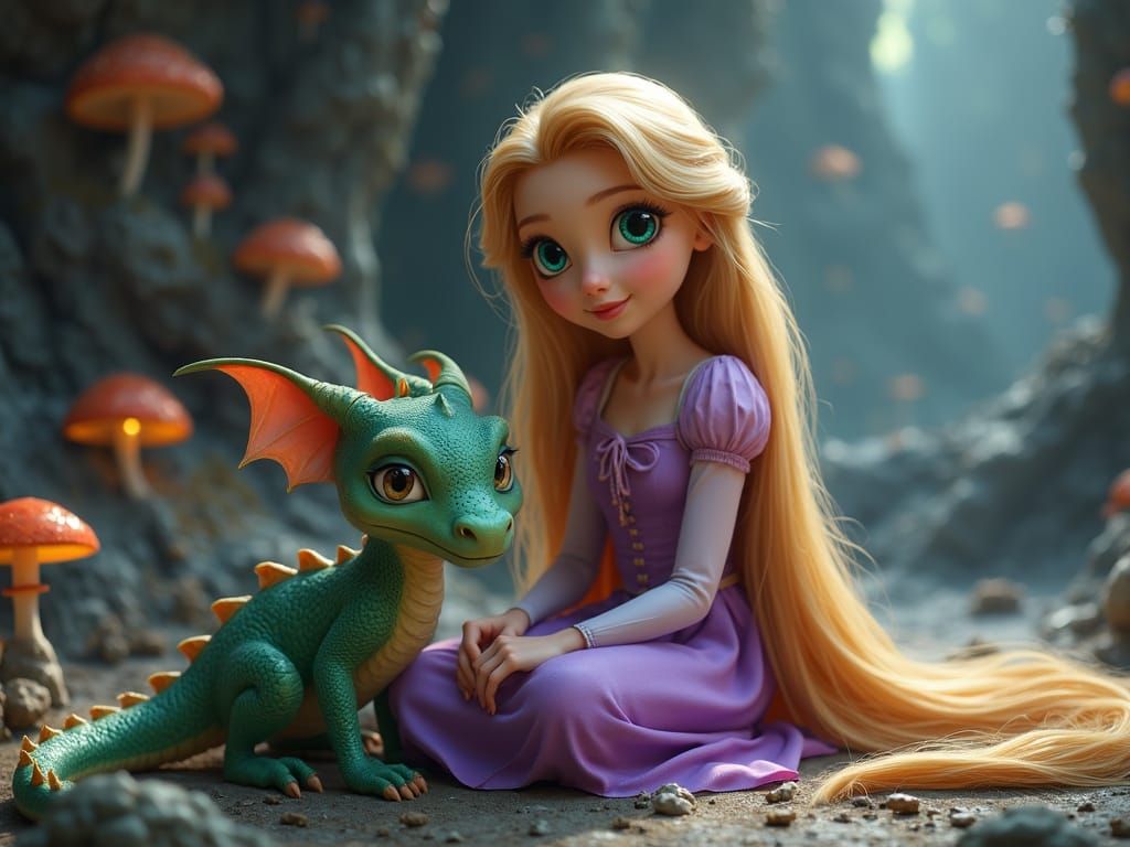 Serenely Sitting Fairy Tale Princess Beside Jade Dragon in E...