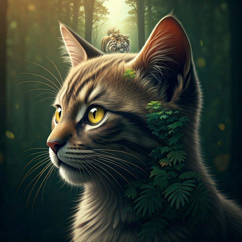 Kitten Profile Merged with Forest in Double Exposure Art