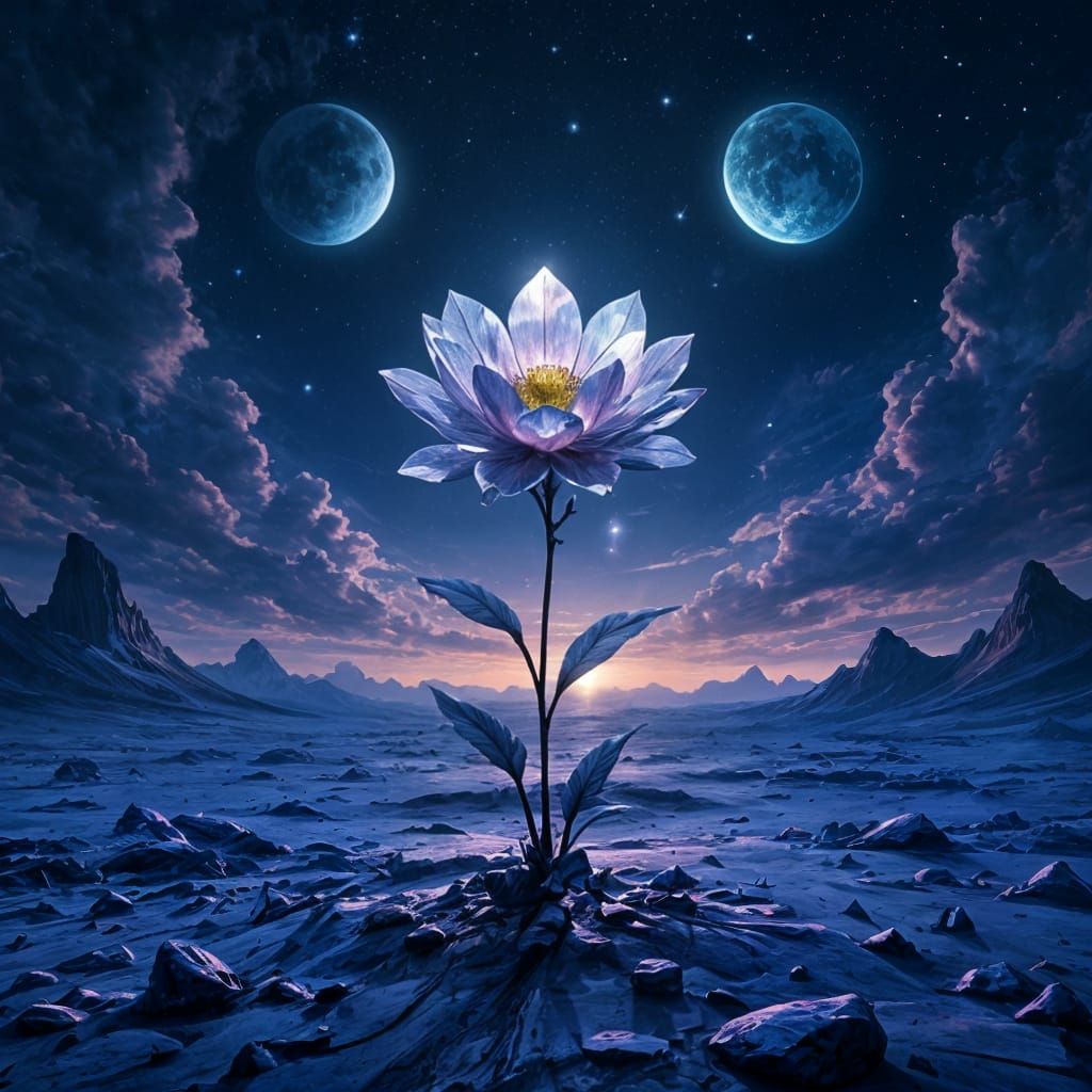 Stained Glass Flower on Alien Moonscape in Nebula Sky