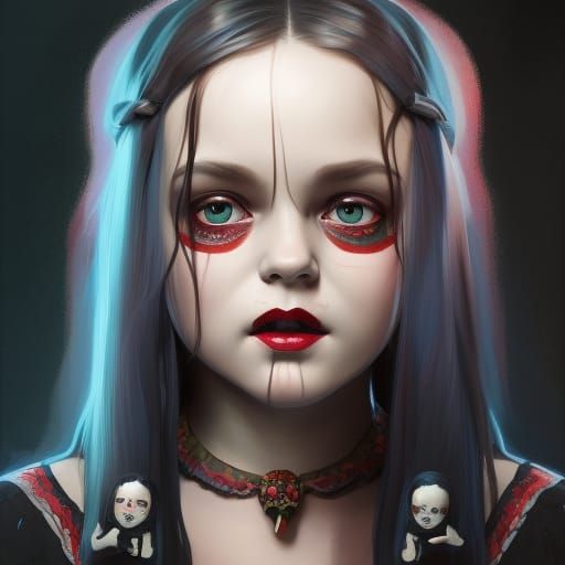 Wednesday Addams Portrait in Hyperdetailed Art Nouveau Style