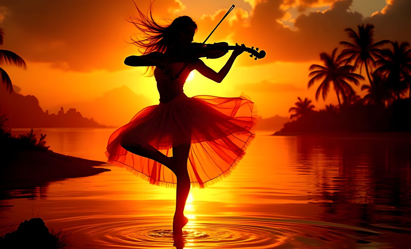 Violinist Lindsey Stirling in Ballet Pose Against Sunset