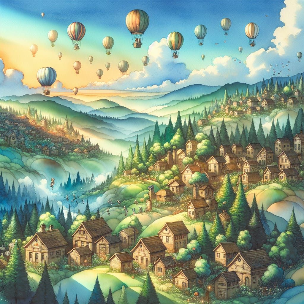 Enchanting Fantasy Village with Hot Air Balloons