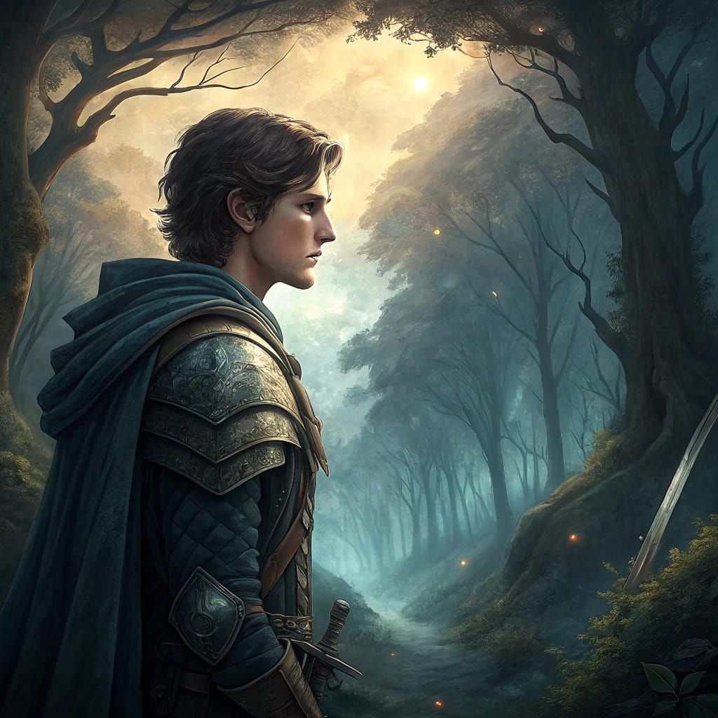 Young Knight Stands at the Edge of Enchanted Forest