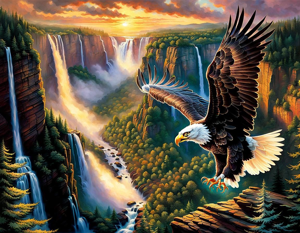 Bald Eagle at Angel Falls: Hyperdetailed Iridescent Landscap...