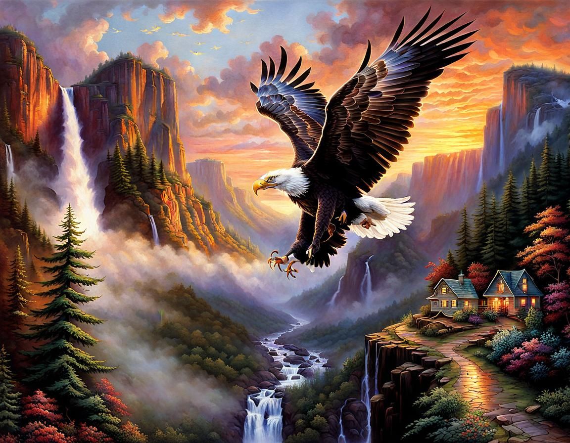 Bald Eagle Soaring at Angel Falls Sunset