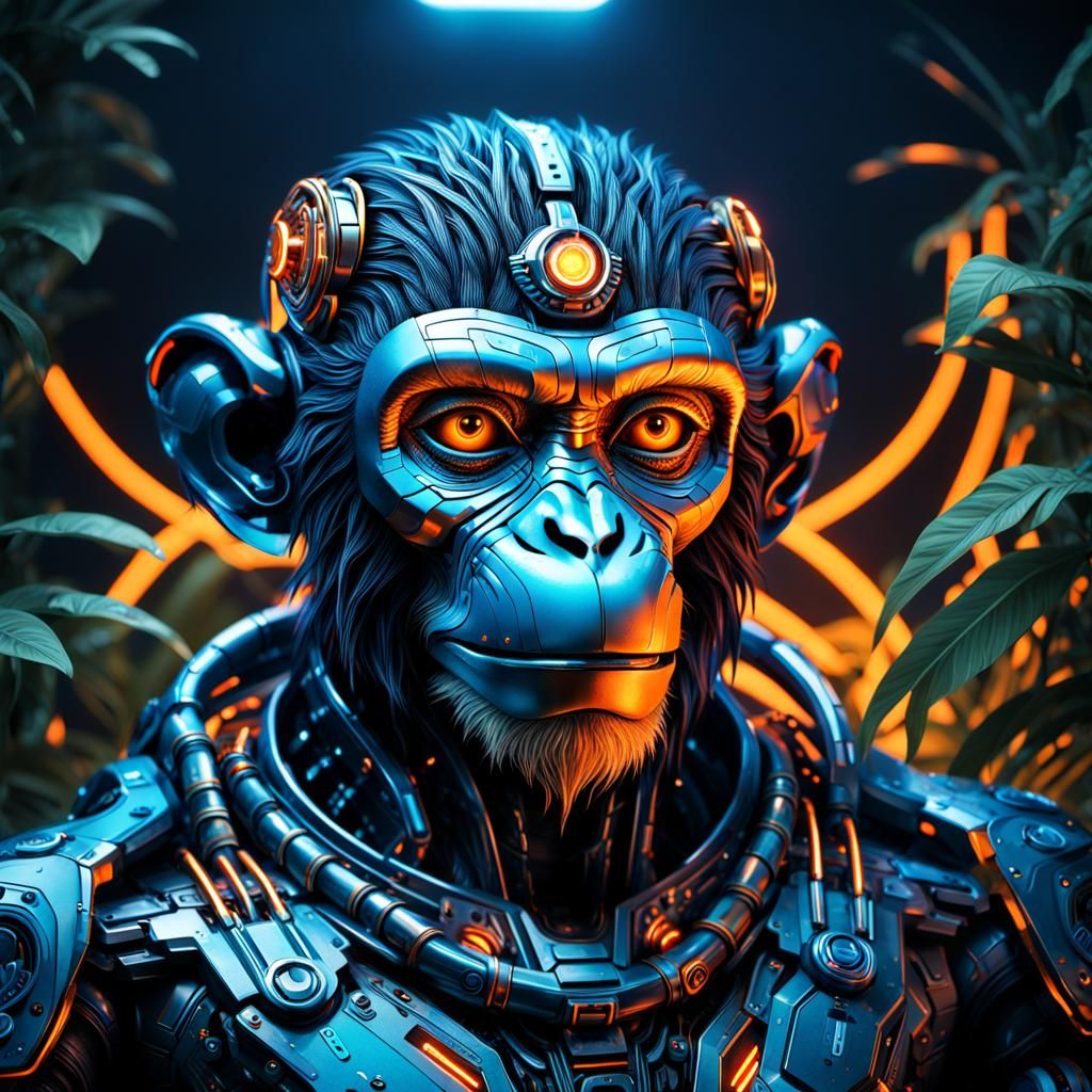 Cyberpunk Monkey on Throne in Misty Jungle