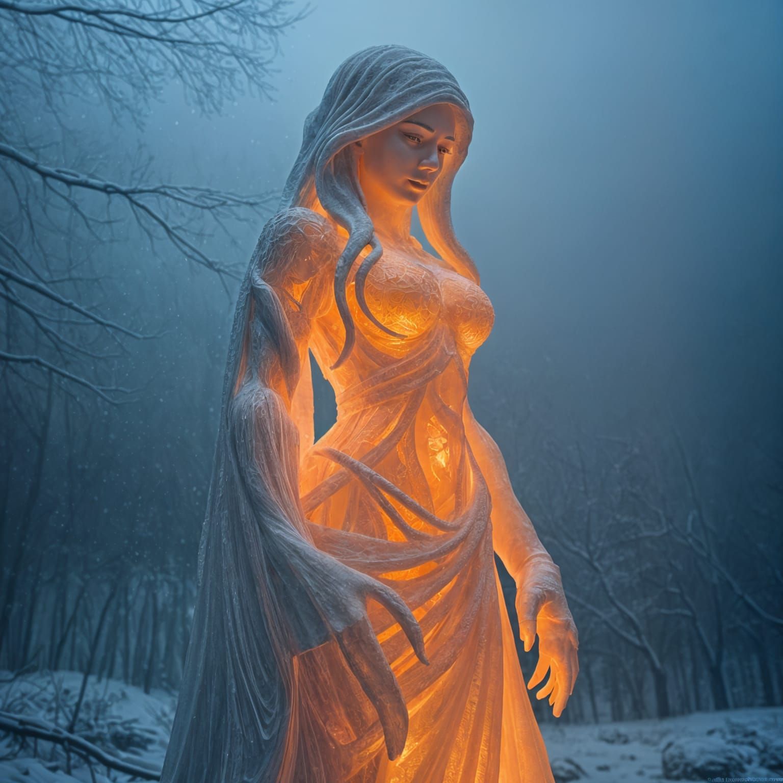 Hyperrealistic Ice Statue in Dark Forest Glows Vibrantly