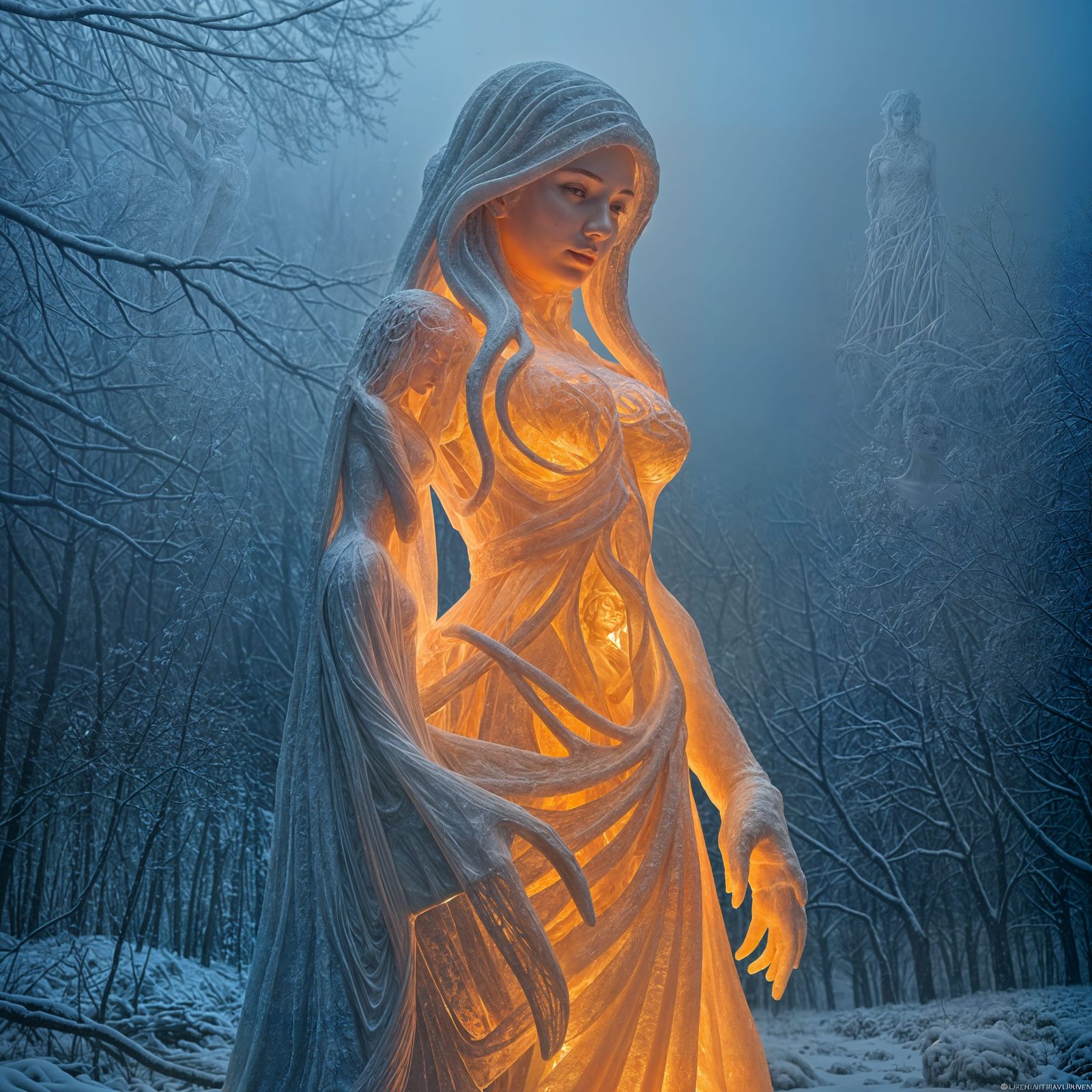 Glowing Ice Woman Statue in Snowy Forest