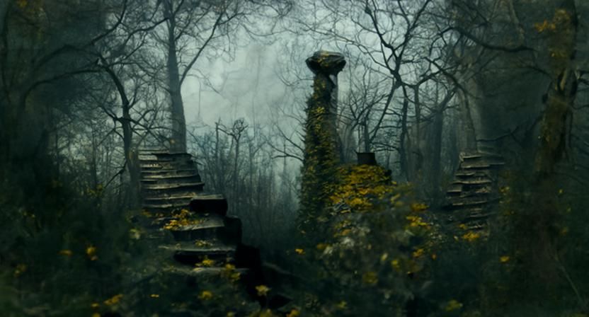 Stone Stairs in a Forest: Gothic Photorealistic Scene