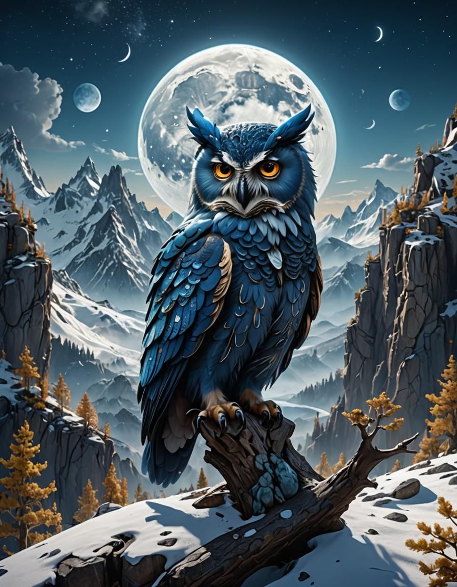 Dreaming Blue Owl on Moonlit Mountains