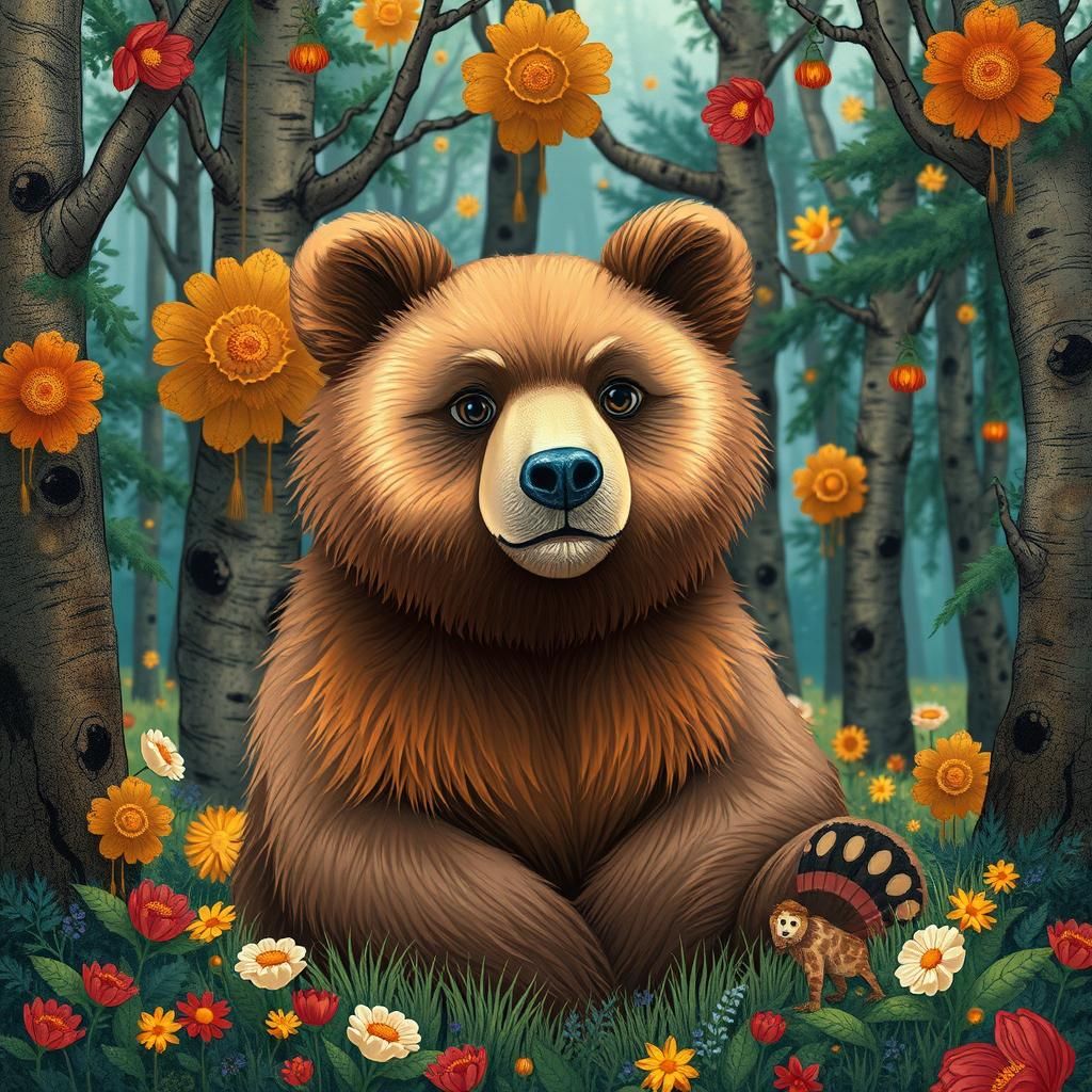 Brown Bear in Enchanted Forest, Digital Illustration