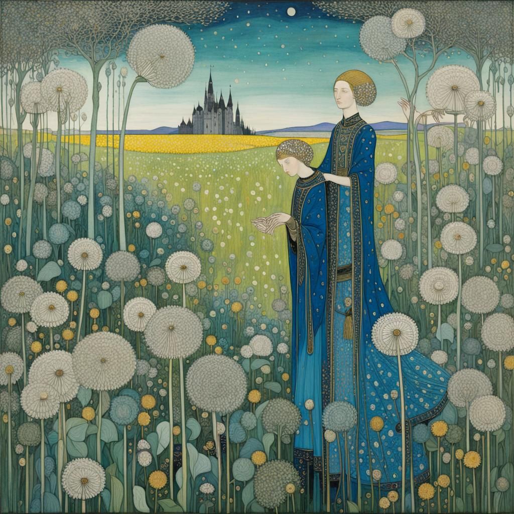 Surreal Golden Dandelions in Art Nouveau Style