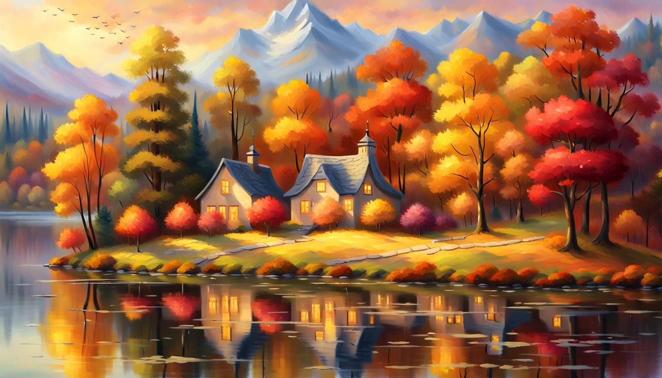 Impressionist Autumn Landscape Painting in Kinkade Style