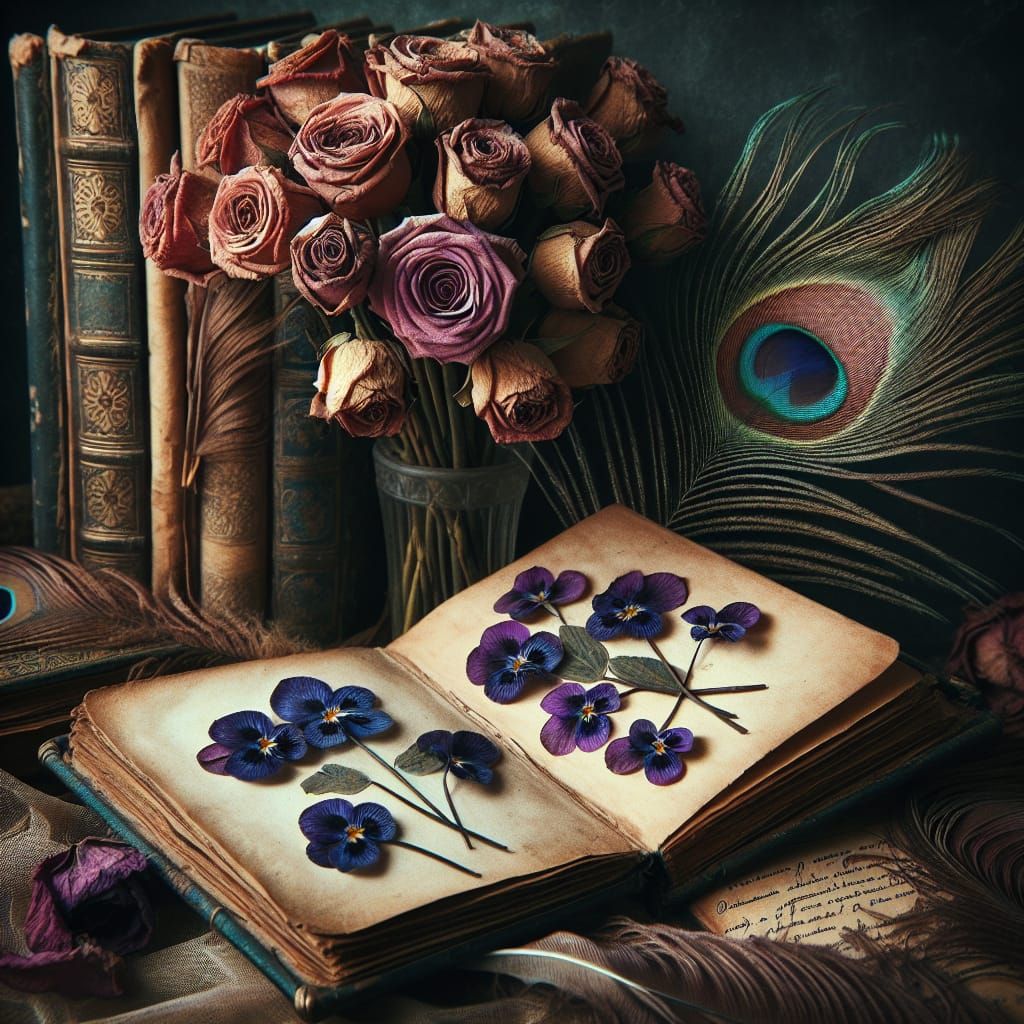 Elegant Victorian-Inspired Still Life with Dried Roses and P...