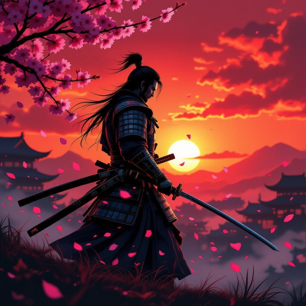 Samurai Warrior Silhouette at Crimson Sunset