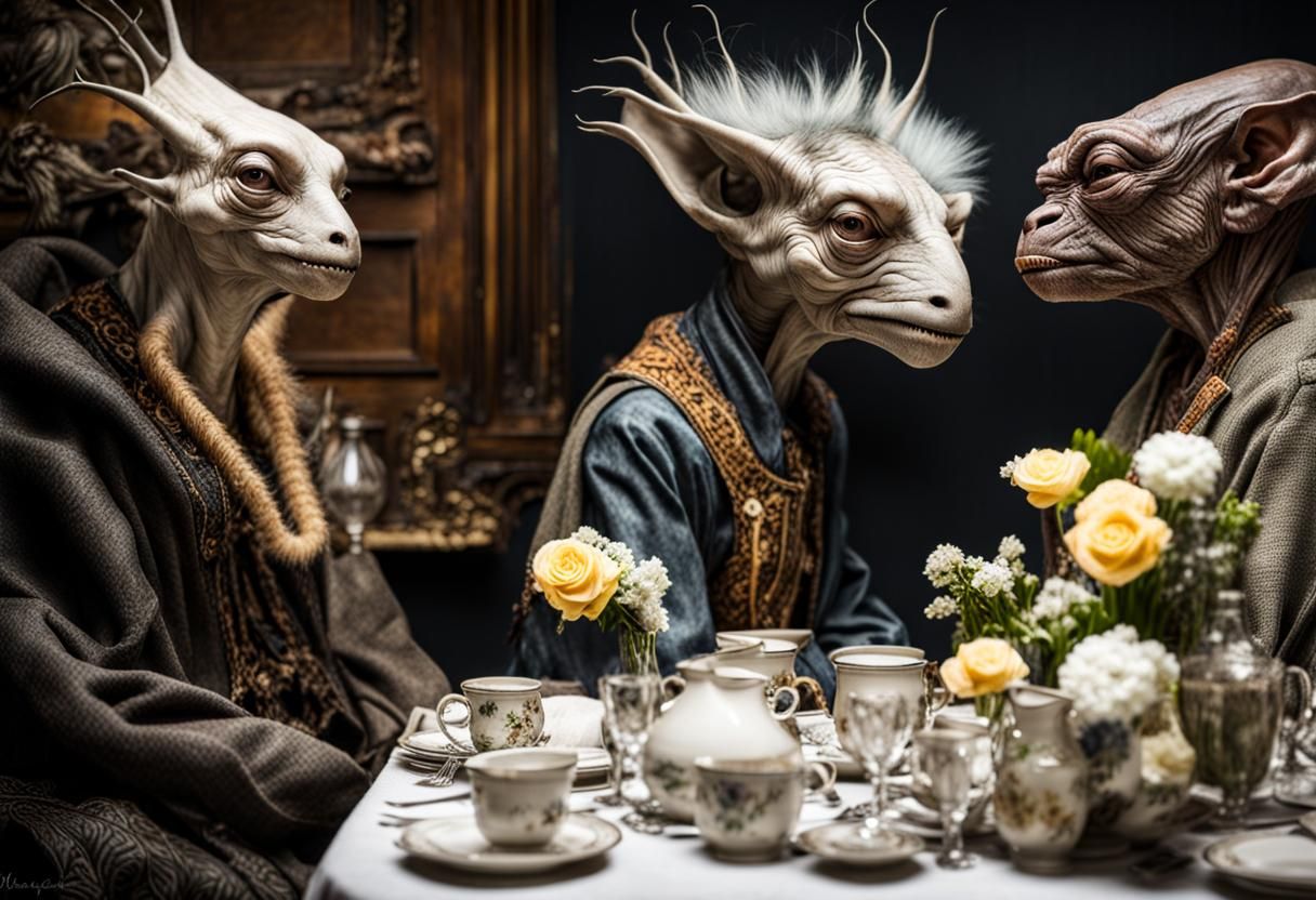 Exotic Aliens Celebrate in Surreal Restaurant Setting