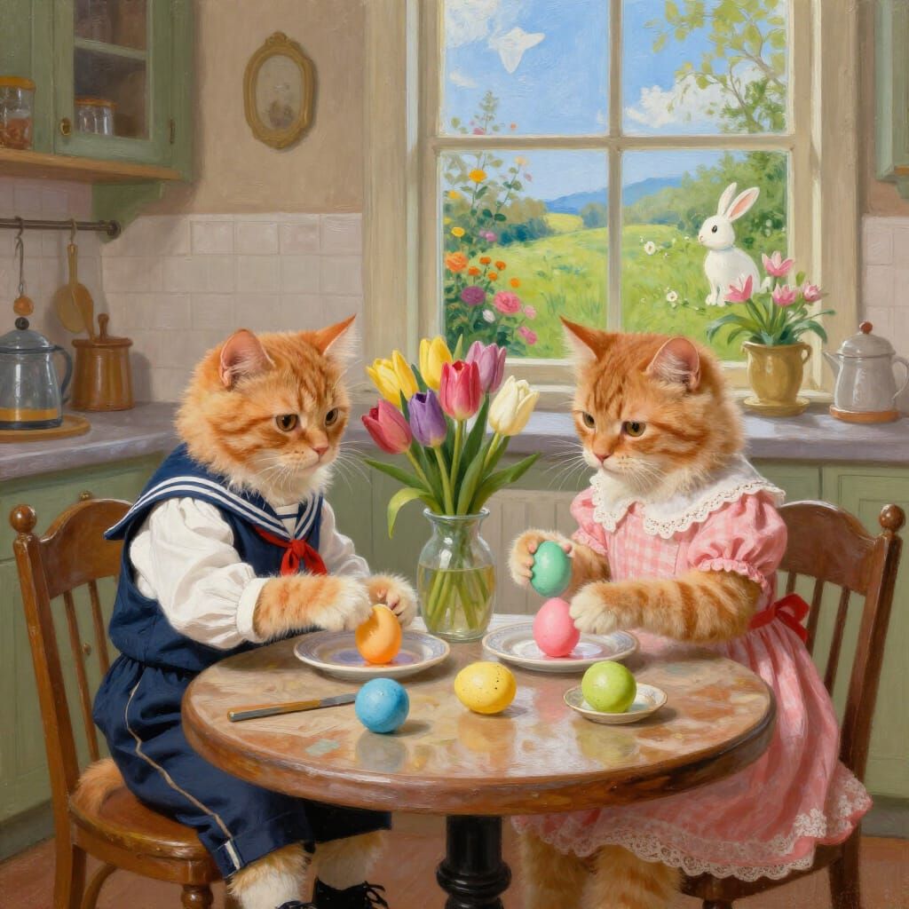 Anthropomorphic Cats Dyeing Easter Eggs in Classical Style