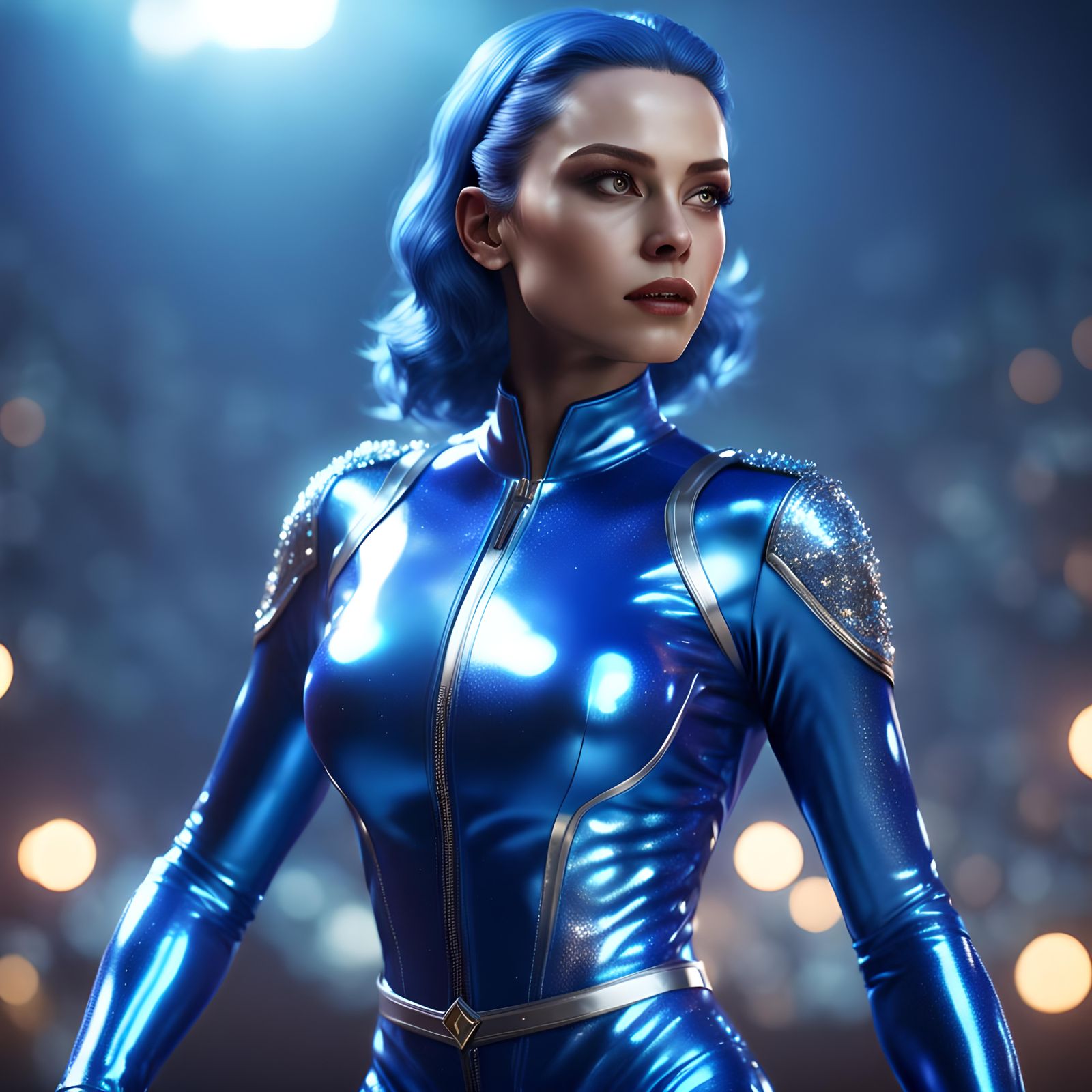 Superheroine in Blue Latex Suit: 3D Game Cinematic