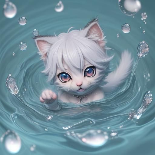 Furry Kitten Surrounded by Water: Anime Art