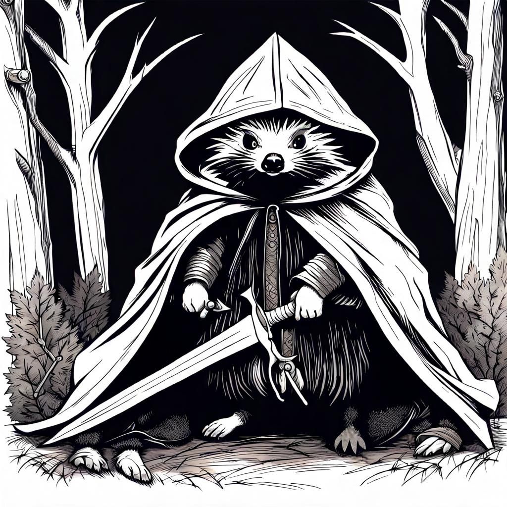 Hooded Hedgehog with Dagger in Dark Ink Drawing