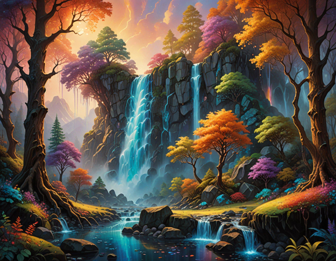 Surrealistic Forest Landscapes with Vibrant Gemstones and Wa...