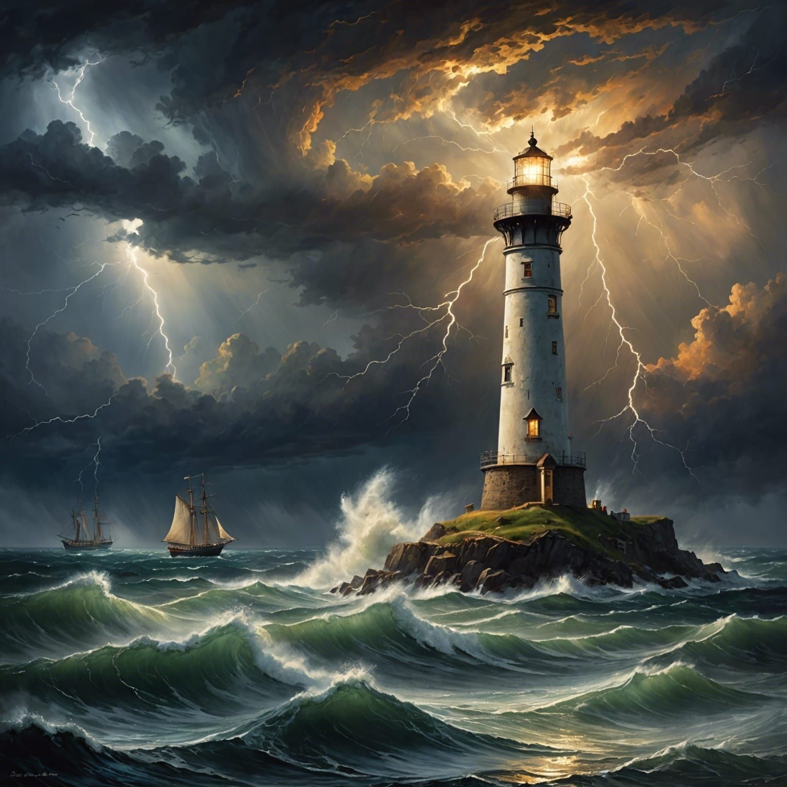 Lighthouse Beaming in Stormy Weather: Oil Painting
