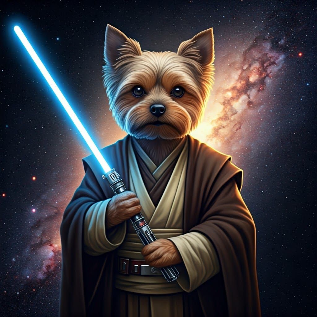Cute Yorkie Jedi in Vibrant Galaxy