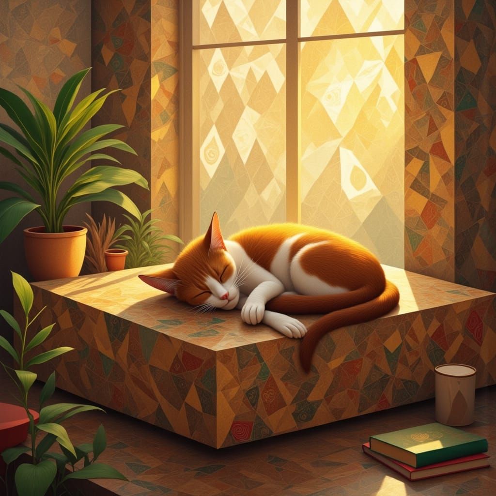 Glowing Cubist Cat in Futuristic Dreamscapes