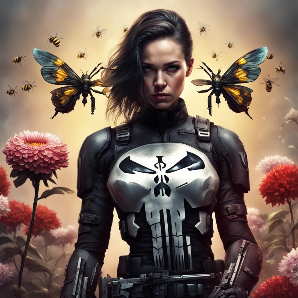 Futuristic Warrior Woman in Armor with Bee and Flower