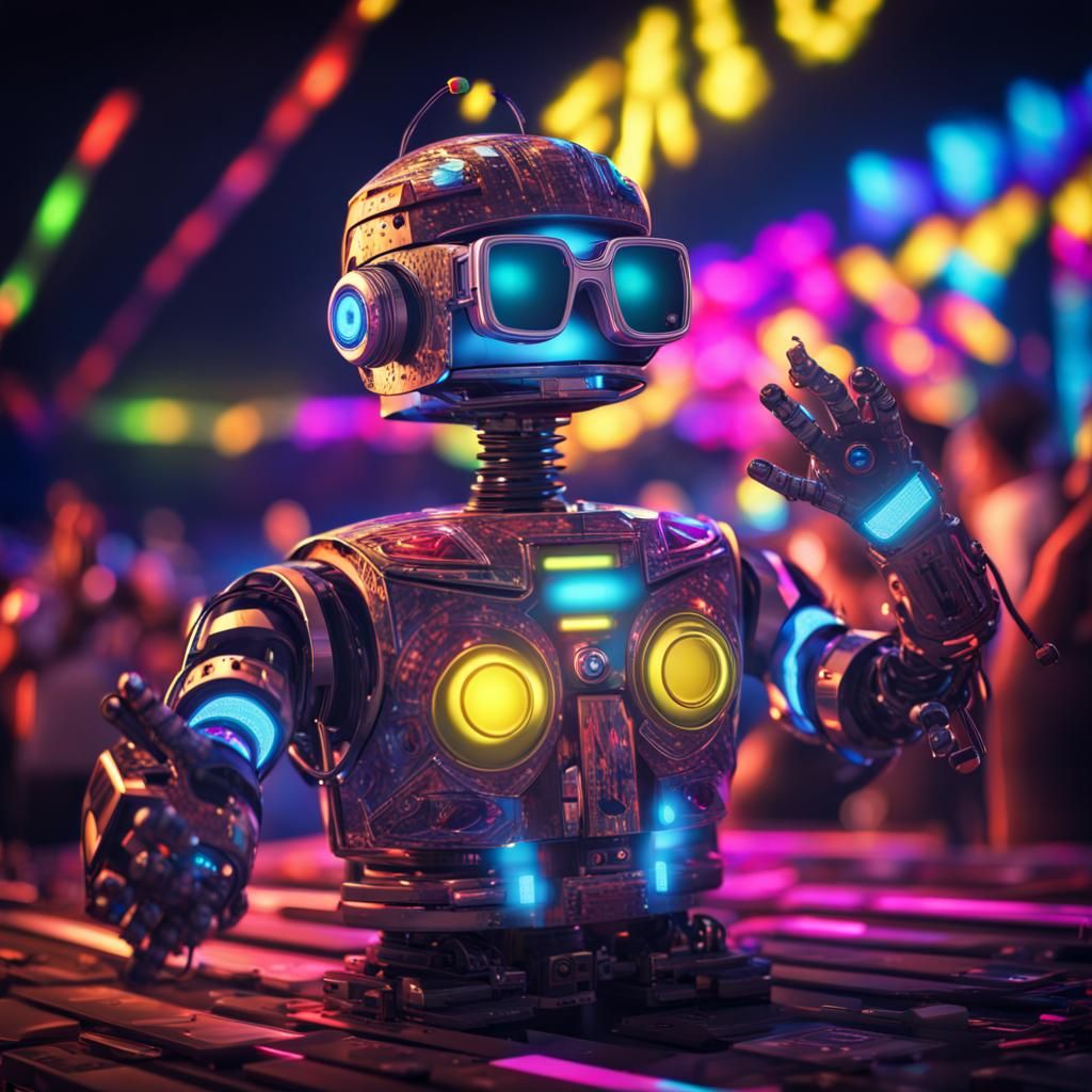 Cartoon Robot Enjoys Electronic Dance Music Festival