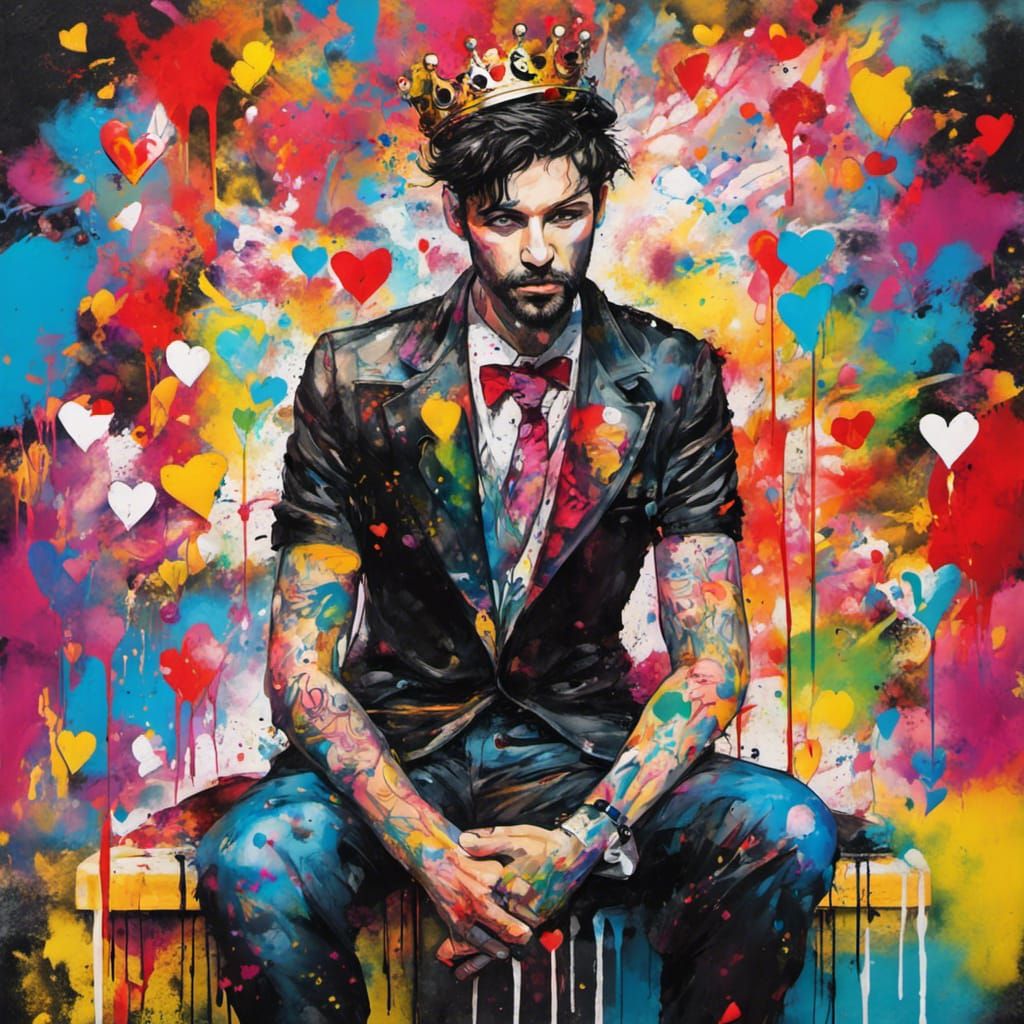 Handsome King of Hearts in Splash-Ink Graffiti Art