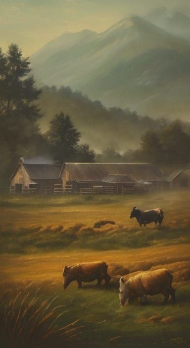 Farm Animals Running Through Rustic Farmyard in Impressionis...