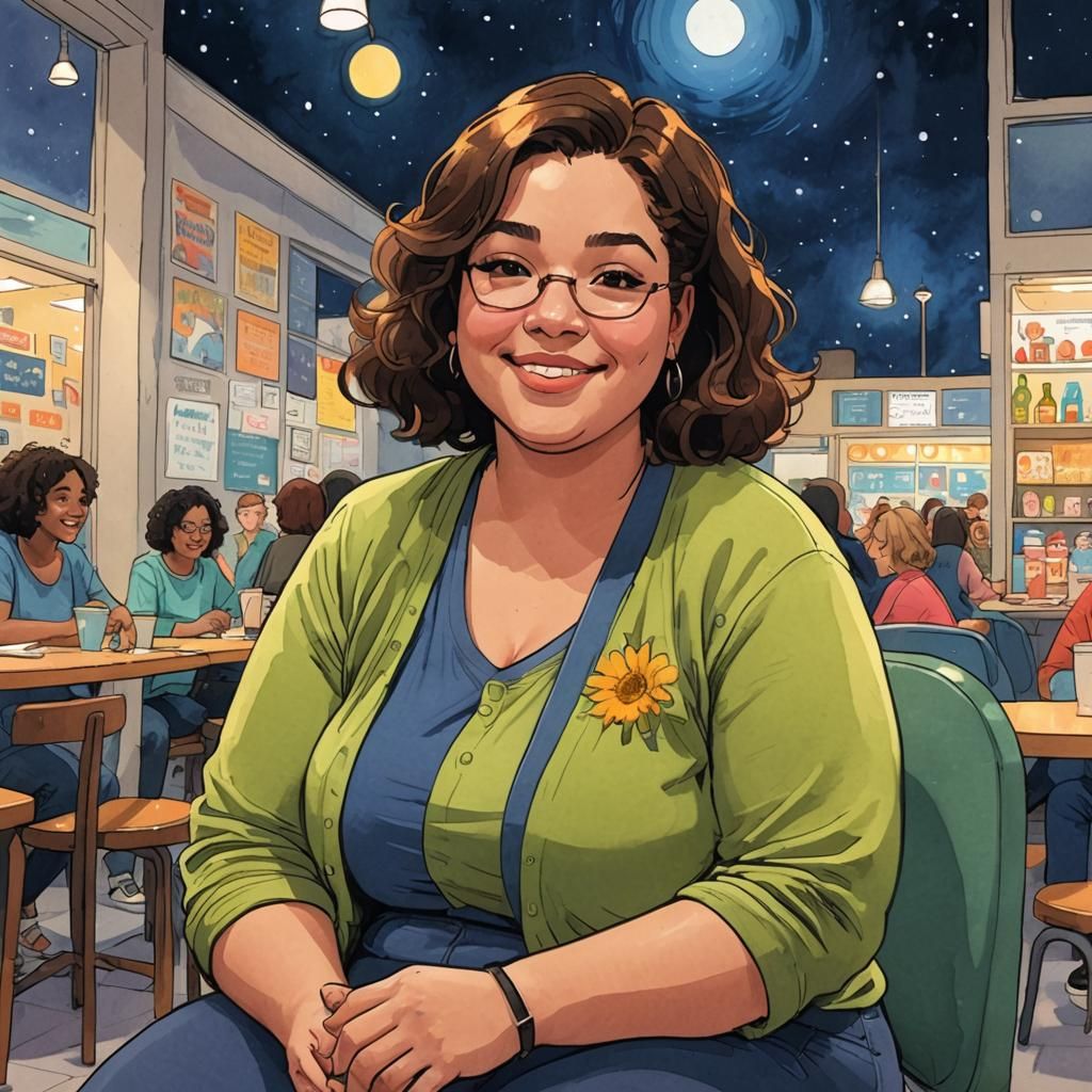 Candid Art Teacher in Webcomic Style at Night