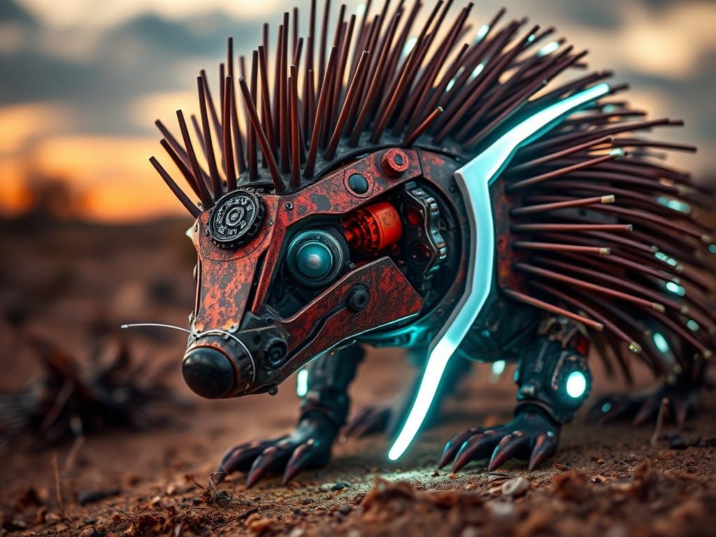 Glowing Mecha Porcupine in Rustic Metallic Hues