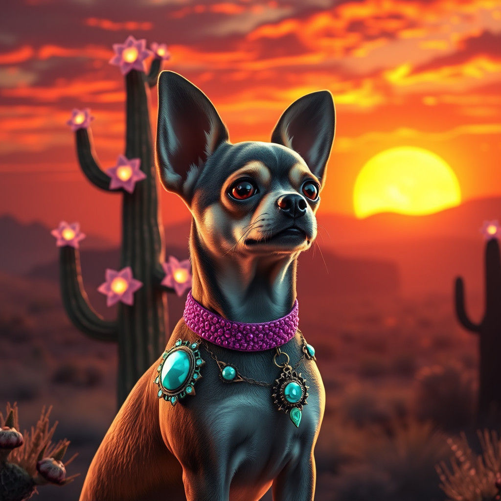 Chihuahua Guards Cactus in Fantasy Desert Sunset