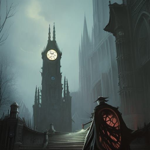 Maria Bloodborne in Astral Clocktower, Dark Fantasy Art