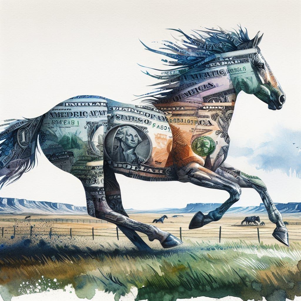Horse Galloping Made of Money in Watercolor