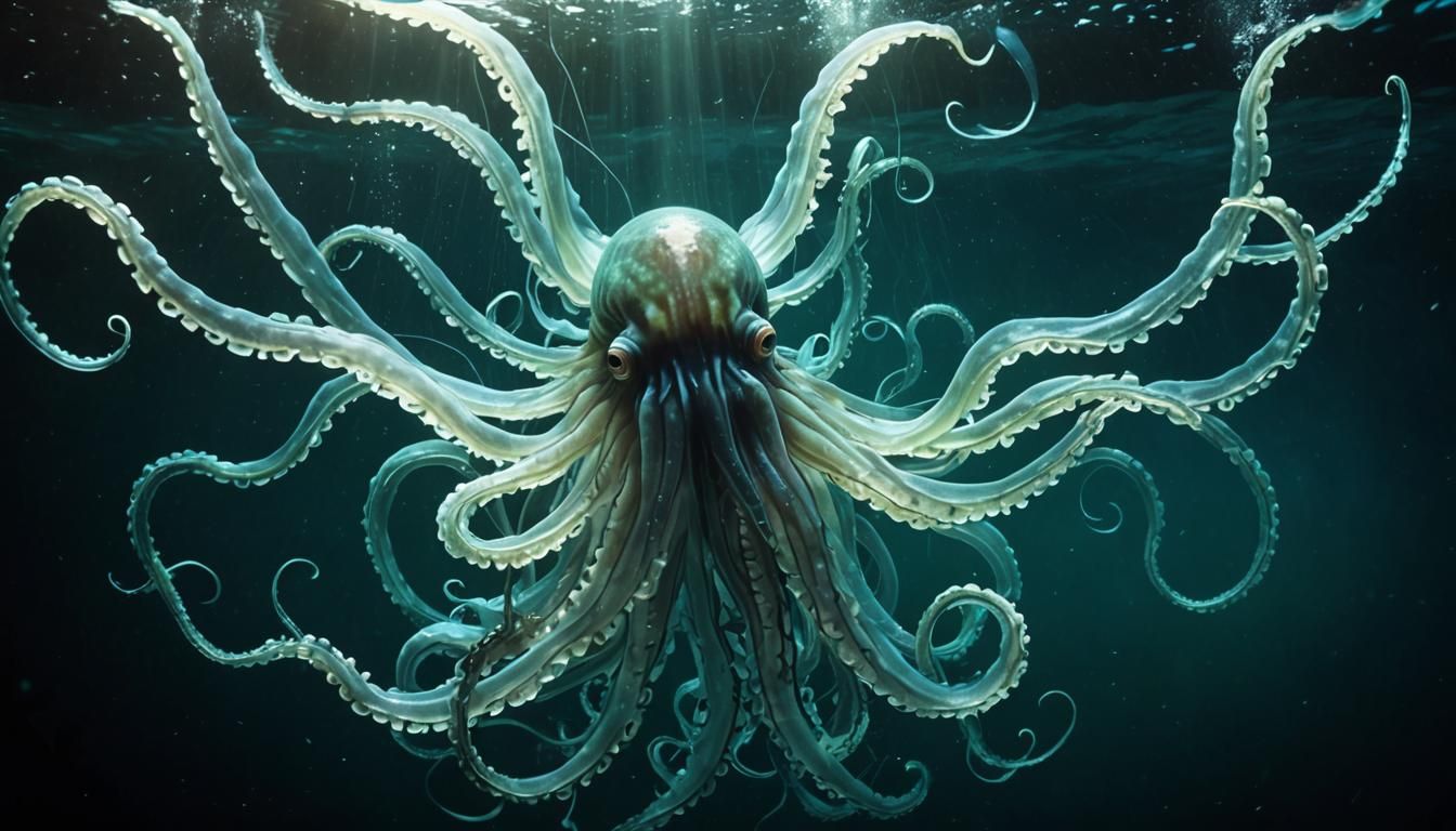 Colossal Squid Battles Vortex in Dark Abyss