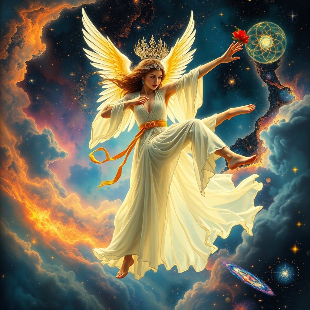 Celestial Goddess Karate Kick in Art Nouveau Style