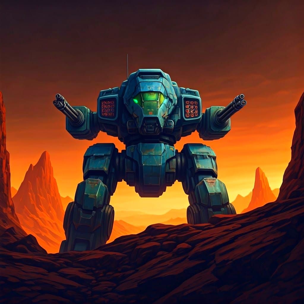 Weathered Mecha on Red Rock Terrain in Airbrush Style