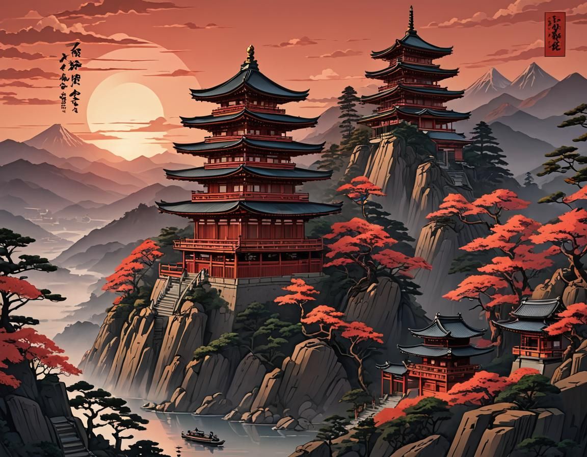 Serenity in Scarlet: A Nighttime Pagoda in Ukiyo-e Woodblock...