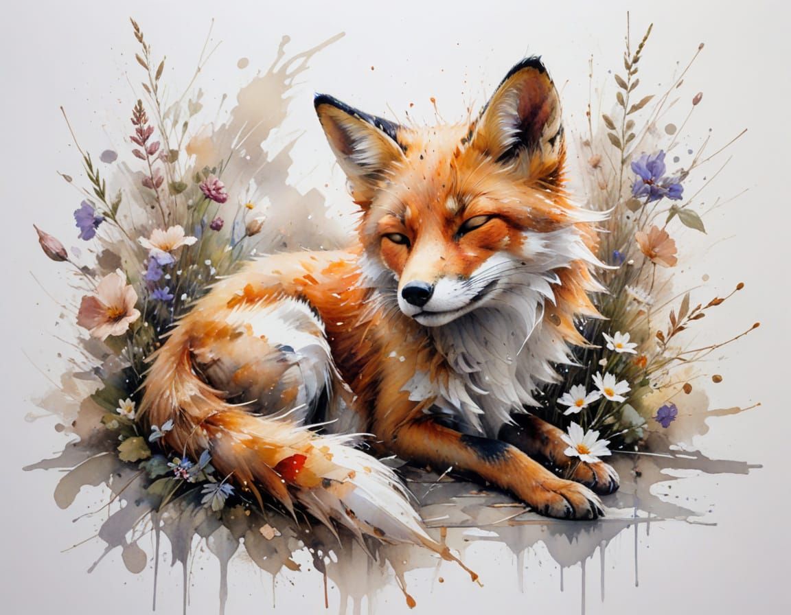 Adorable Fox Sleeping in Misty Garden, Soft Focus Painting