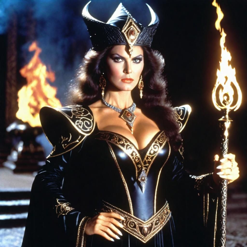 Evil Sorceress with Fire Staff in 80s Style