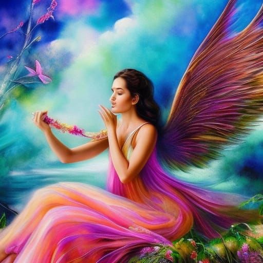 Fae with Pink Wings at Lakeside: Hyperrealistic Splash Art