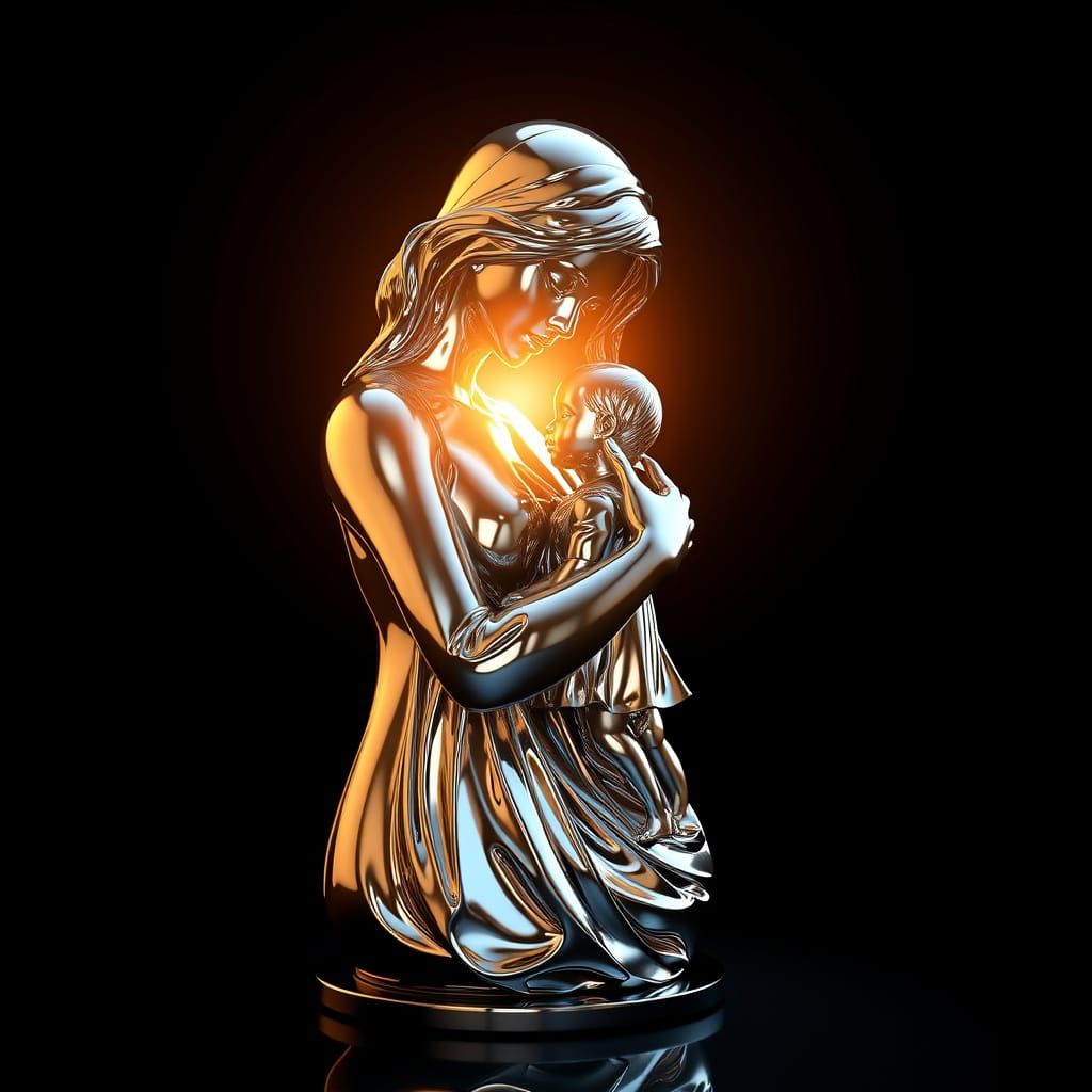 Hyperrealistic Mother and Child Sculpture in Golden Light
