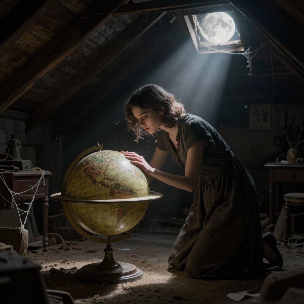 Woman Studies Celestial Globe in Moonlit Attic