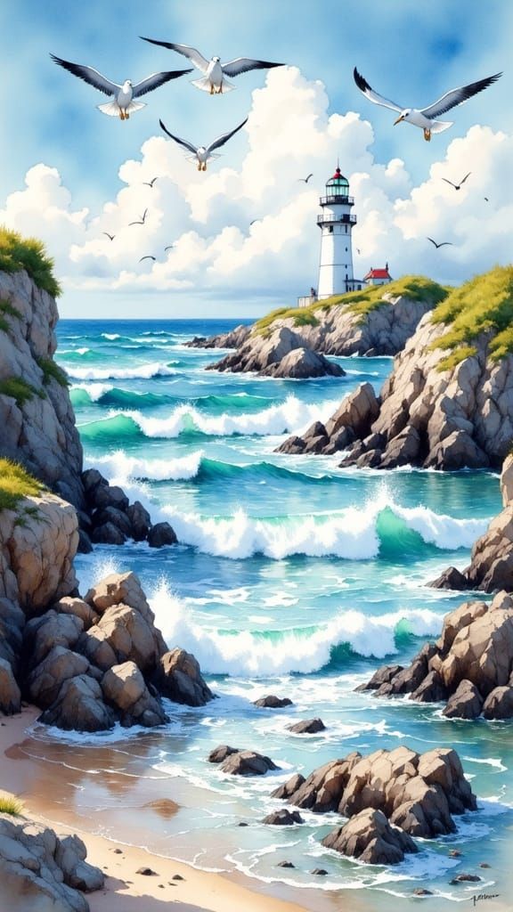 Coastal Lighthouse in Watercolor Style