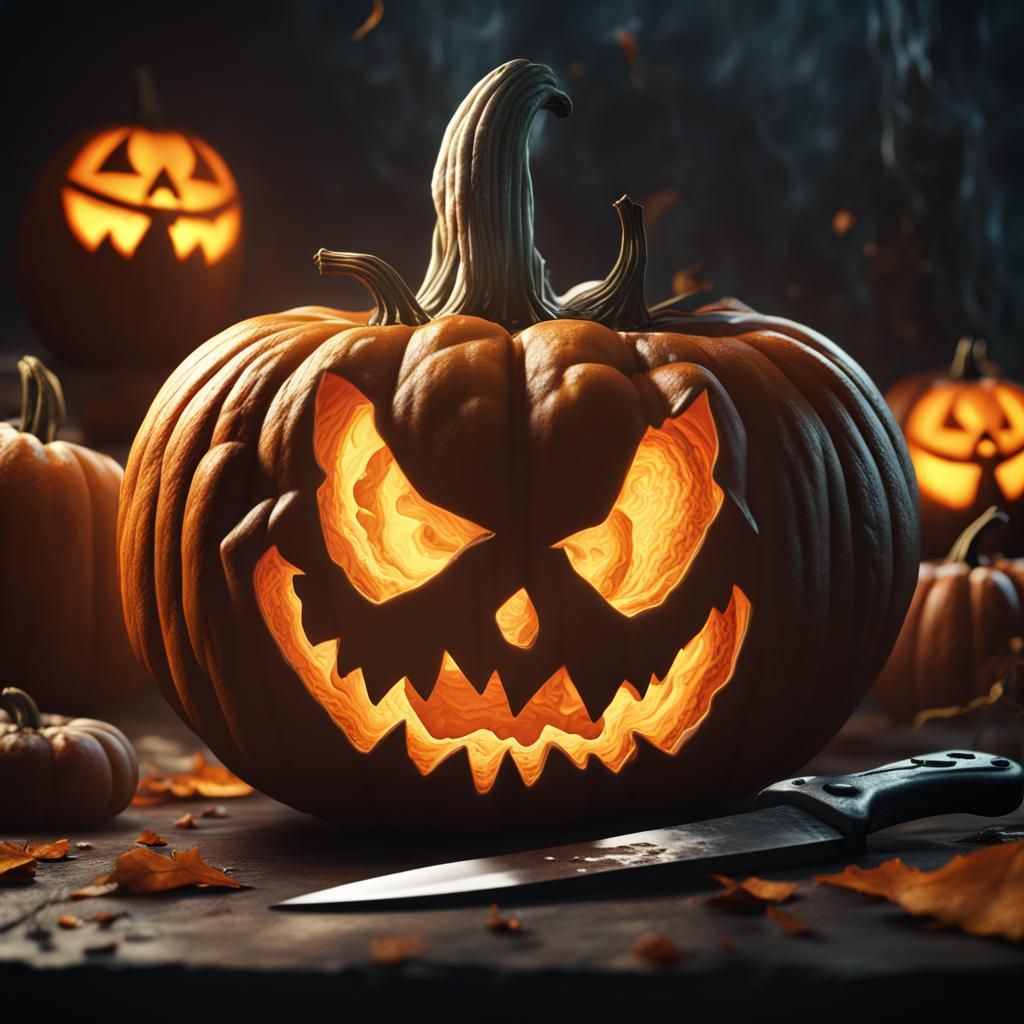 Menacing Pumpkin with Knife: Detailed Digital Painting